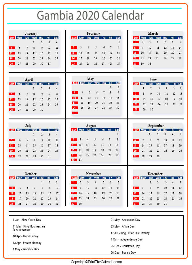 Gambia Calendar 2020